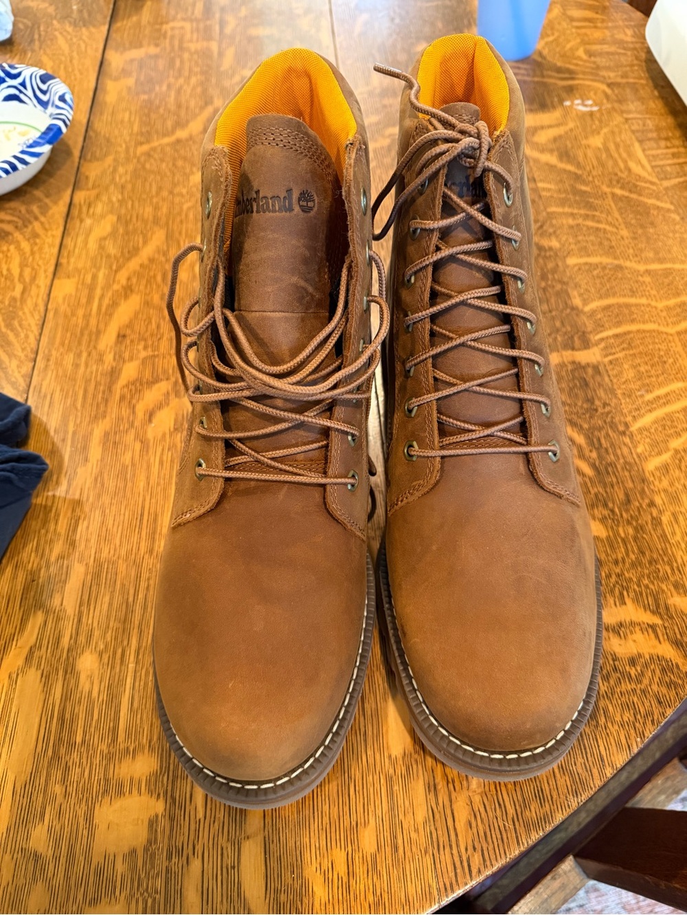 Timberland Men's Brown Leather Work Boots with Contrasting Yellow Lining